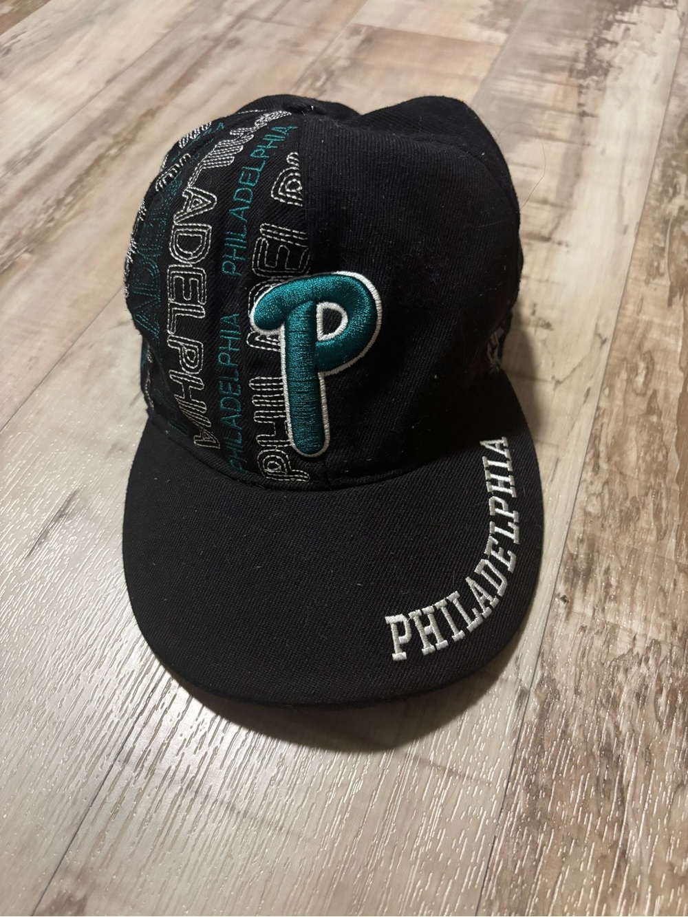 Mitchell & Ness Black Philadelphia 'P' Script Logo Cap with Green Accent and